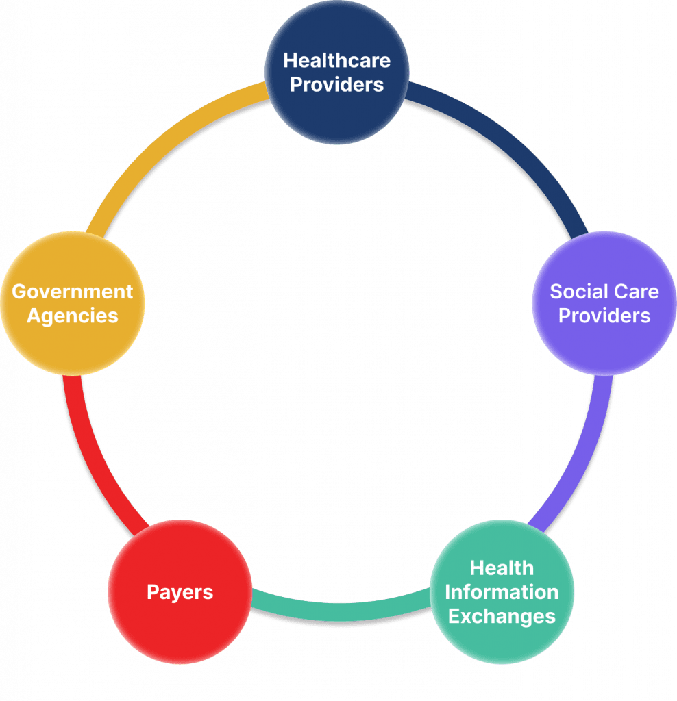 Ring with 5 different customer segments -  Healthcare provider, Social Care Provider, Health Information Exchanges, Payers, and Government agencies. Each has its own color circle